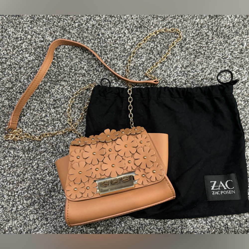 Zac Posen Eartha Tan Flower Mini Crossbody Shoulder Bag with Gold Chain Accents